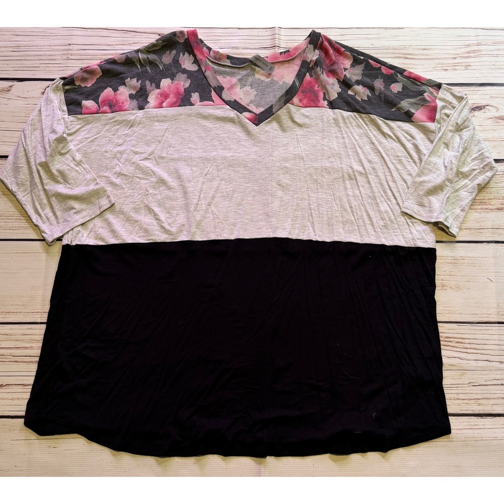 Honeyme Curvy Floral Colorblock V-Neck Top Pink Grey Black XXXL